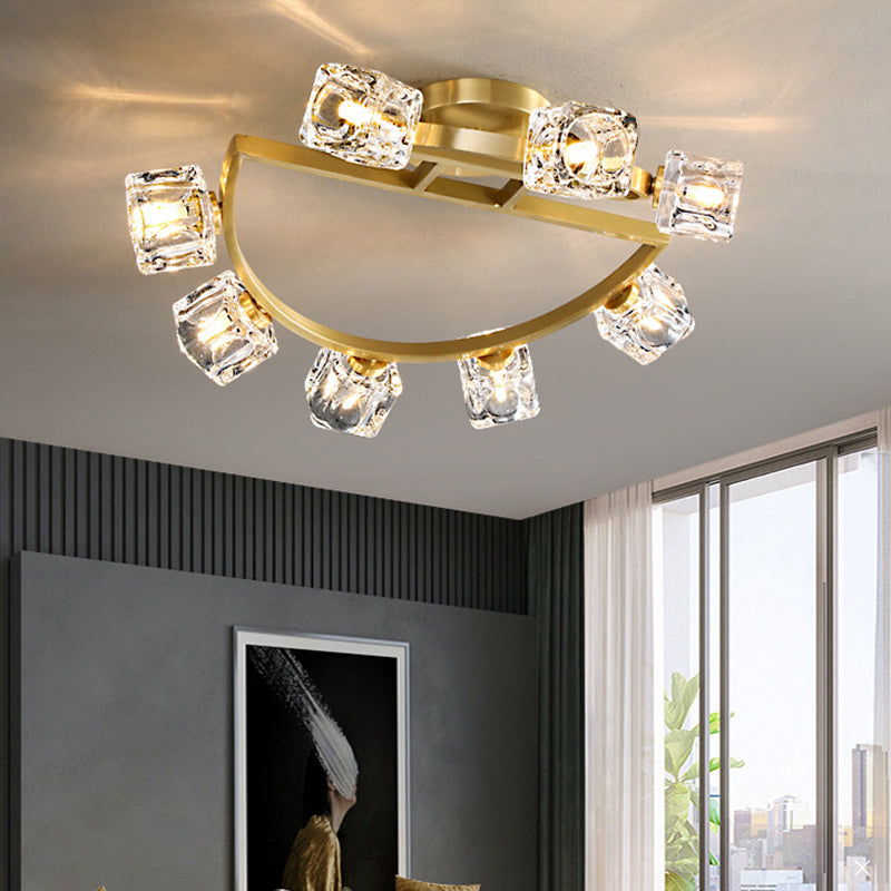 Gold Semi Mount Postmodern Metal Ceiling Light with Crystal Shade - Foyer Flush Light