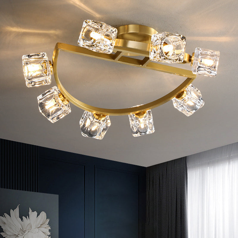 Gold Semi Mount Postmodern Metal Ceiling Light with Crystal Shade - Foyer Flush Light