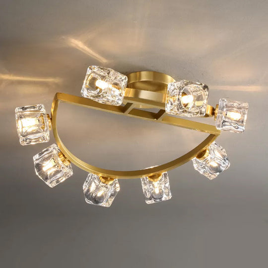 Gold Semi Mount Postmodern Metal Ceiling Light with Crystal Shade - Foyer Flush Light