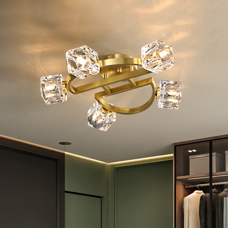 Gold Semi Mount Postmodern Metal Ceiling Light with Crystal Shade - Foyer Flush Light