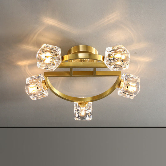 Gold Semi Mount Postmodern Metal Ceiling Light with Crystal Shade - Foyer Flush Light