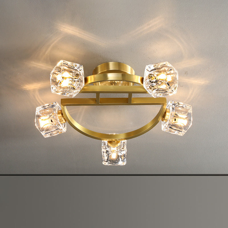 Gold Semi Mount Postmodern Metal Ceiling Light With Crystal Shade - Foyer Flush