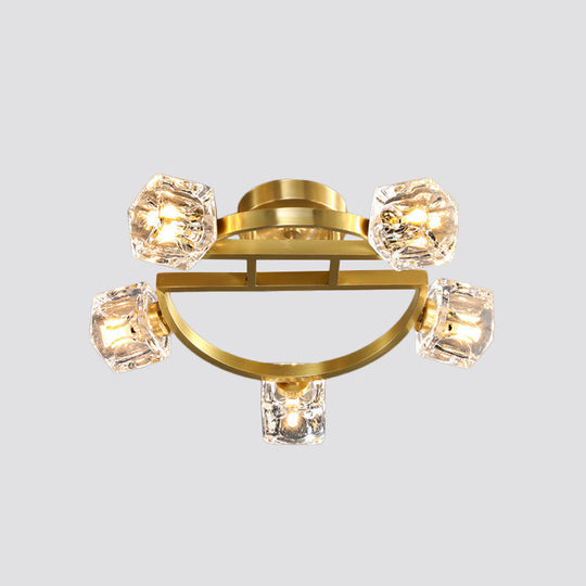 Gold Semi Mount Postmodern Metal Ceiling Light with Crystal Shade - Foyer Flush Light