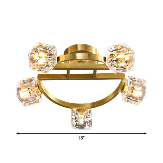 Gold Semi Mount Postmodern Metal Ceiling Light with Crystal Shade - Foyer Flush Light