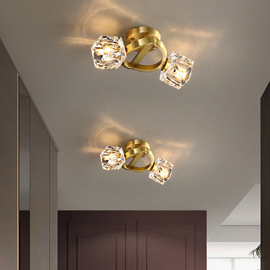 Gold Semi Mount Postmodern Metal Ceiling Light with Crystal Shade - Foyer Flush Light