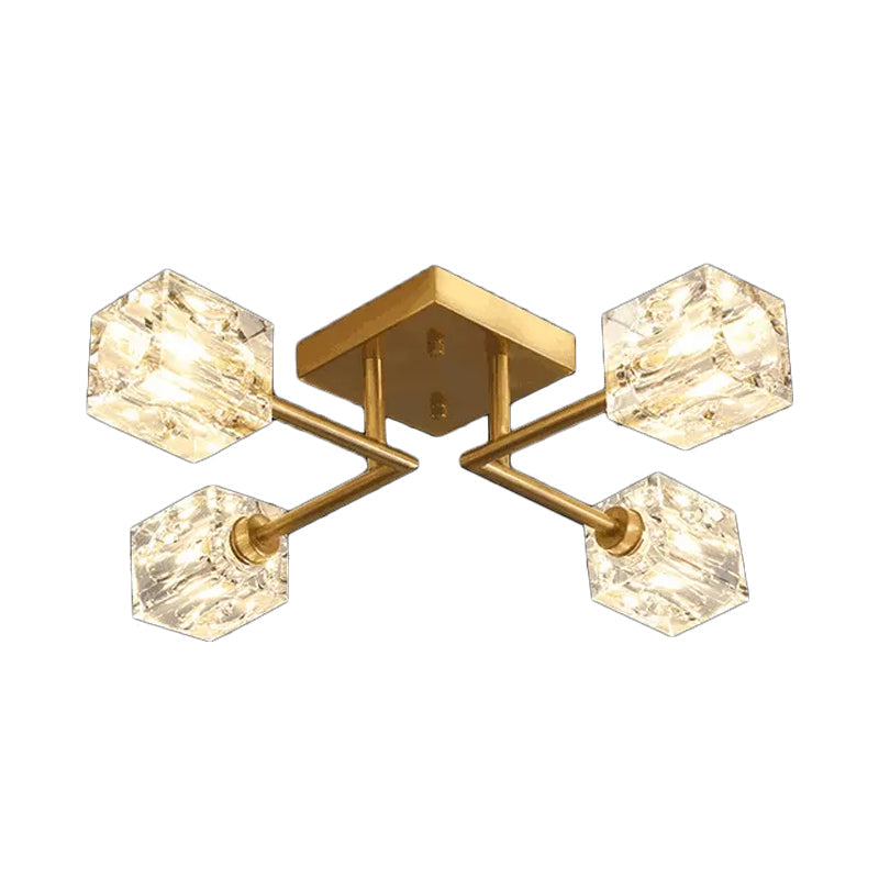 Postmodern Ice Cube Crystal Brass Flush Mounted Light With Multiple Heads - 12/16