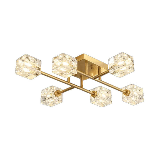 Postmodern Ice Cube Crystal Brass Flush Mounted Light with Multiple Heads - 12/16