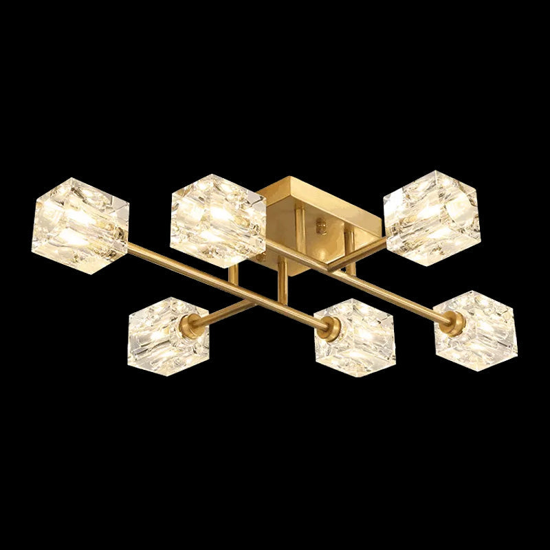 Postmodern Ice Cube Crystal Brass Flush Mounted Light with Multiple Heads - 12/16