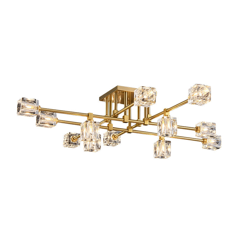 Postmodern Ice Cube Crystal Brass Flush Mounted Light with Multiple Heads - 12/16