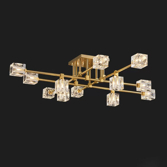 Postmodern Ice Cube Crystal Brass Flush Mounted Light with Multiple Heads - 12/16