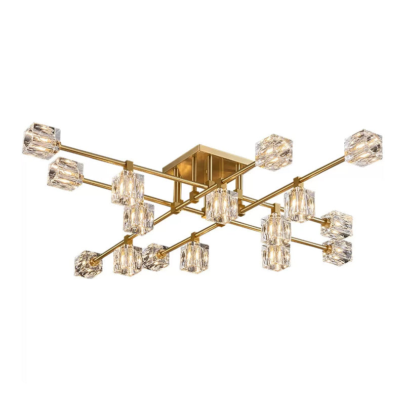 Postmodern Ice Cube Crystal Brass Flush Mounted Light with Multiple Heads - 12/16