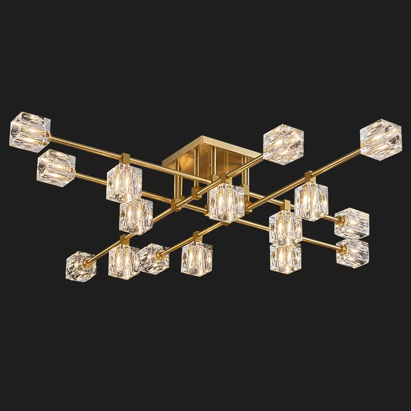 Postmodern Ice Cube Crystal Brass Flush Mounted Light with Multiple Heads - 12/16