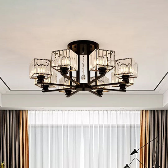 Modern Prismatic Crystal Flush Chandelier with Rectangle Design - 4/6/8 Lights in Black/Gold for Living Room Semi Flush Ceiling