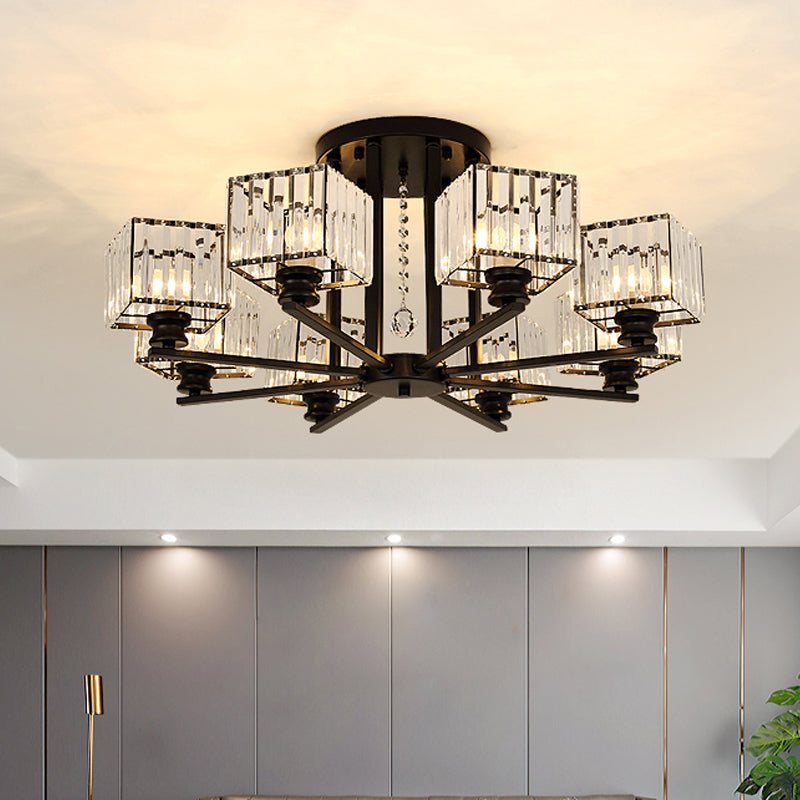 Modern Prismatic Crystal Flush Chandelier with Rectangle Design - 4/6/8 Lights in Black/Gold for Living Room Semi Flush Ceiling