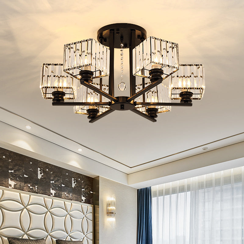 Modern Prismatic Crystal Flush Chandelier with Rectangle Design - 4/6/8 Lights in Black/Gold for Living Room Semi Flush Ceiling