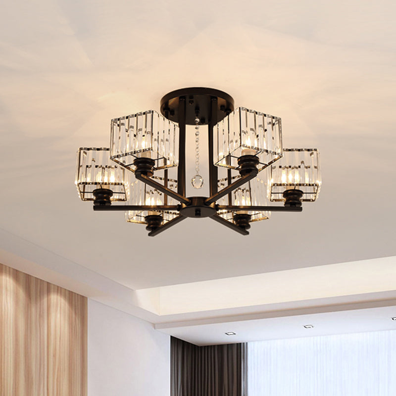 Modern Prismatic Crystal Flush Chandelier with Rectangle Design - 4/6/8 Lights in Black/Gold for Living Room Semi Flush Ceiling