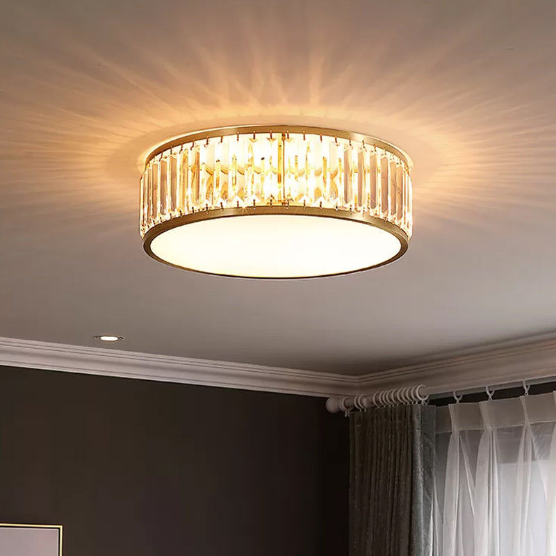 Gold Crystal Drum Flush Mount Lamp: Simplicity, 3/4/5 Bulbs, Bedroom Ceiling Light, Width Options