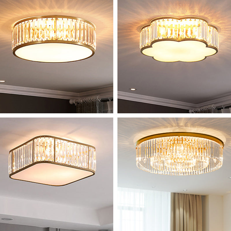 Gold Crystal Drum Flush Mount Lamp: Simplicity, 3/4/5 Bulbs, Bedroom Ceiling Light, Width Options