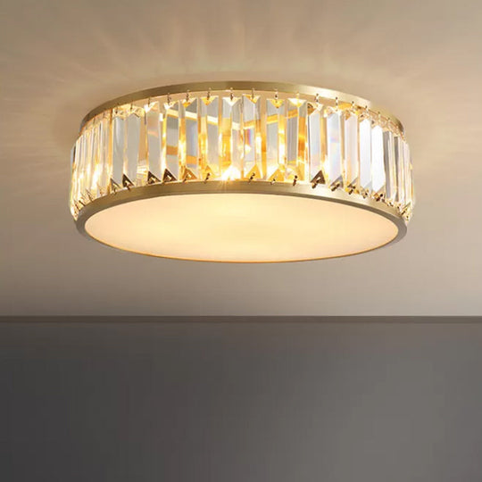 Gold Crystal Drum Flush Mount Lamp: Simplicity, 3/4/5 Bulbs, Bedroom Ceiling Light, Width Options