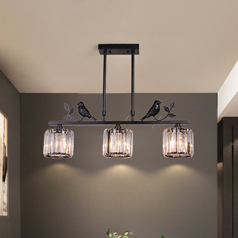 Postmodern Black/Gold Crystal Prism Pendant Lamp With Bird And Leaf Decoration - 3-Bulb Cylinder