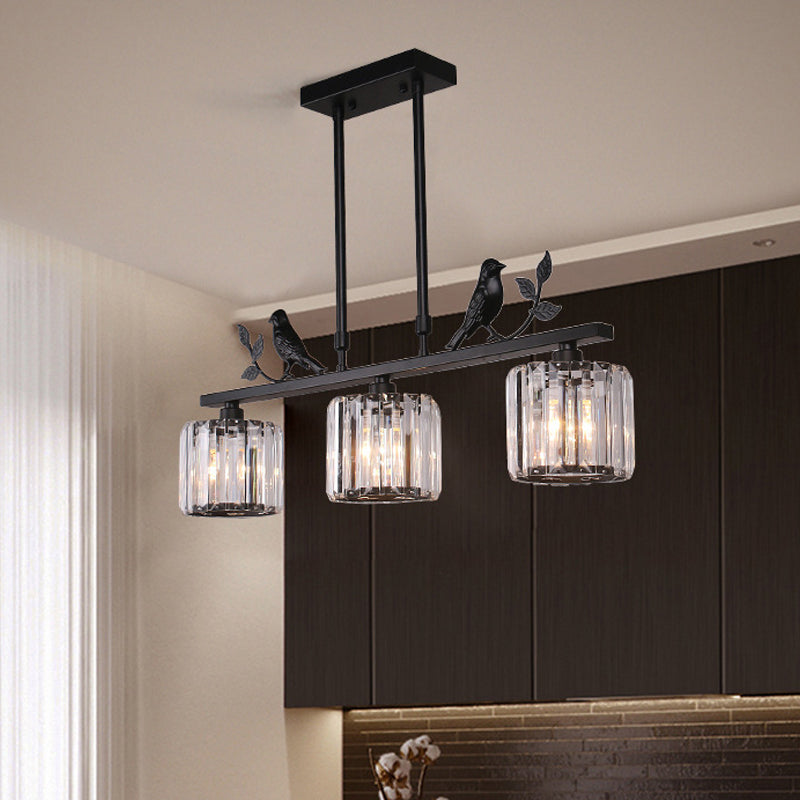 Postmodern Black/Gold Crystal Prism Pendant Lamp With Bird And Leaf Decoration - 3-Bulb Cylinder