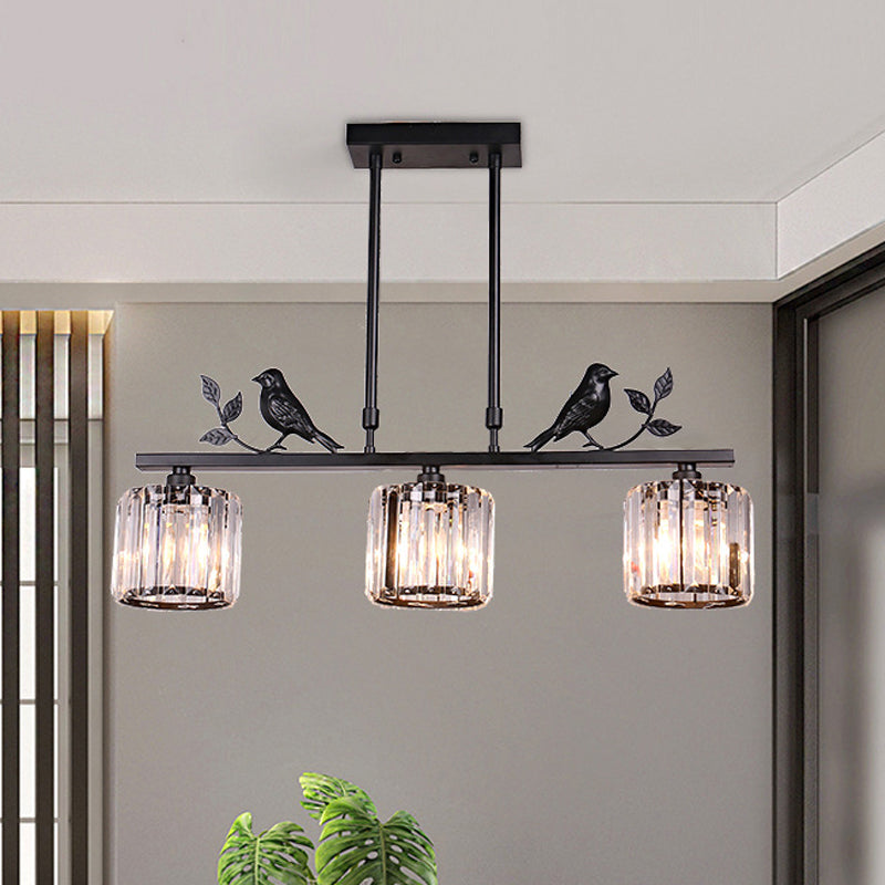 Postmodern Black/Gold Crystal Prism Pendant Lamp With Bird And Leaf Decoration - 3-Bulb Cylinder