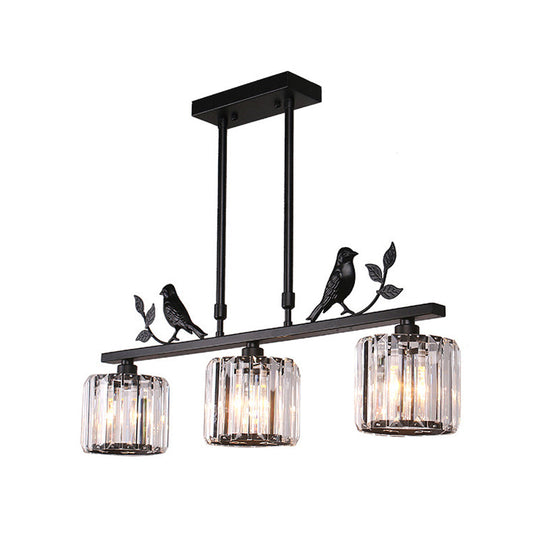 Postmodern Black/Gold Crystal Prism Pendant Lamp With Bird And Leaf Decoration - 3-Bulb Cylinder