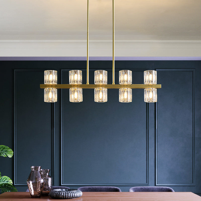 Modern Golden Cylindrical Crystal Pendant Light With 10/20 Island Lights For Dining Tables