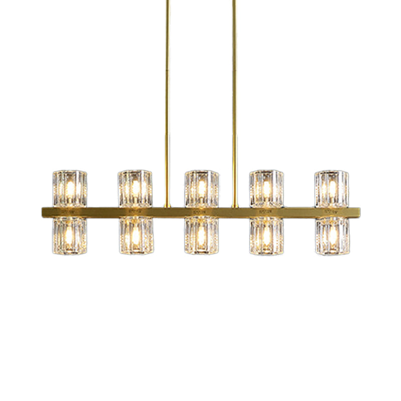 Modern Golden Cylindrical Crystal Pendant Light With 10/20 Island Lights For Dining Tables