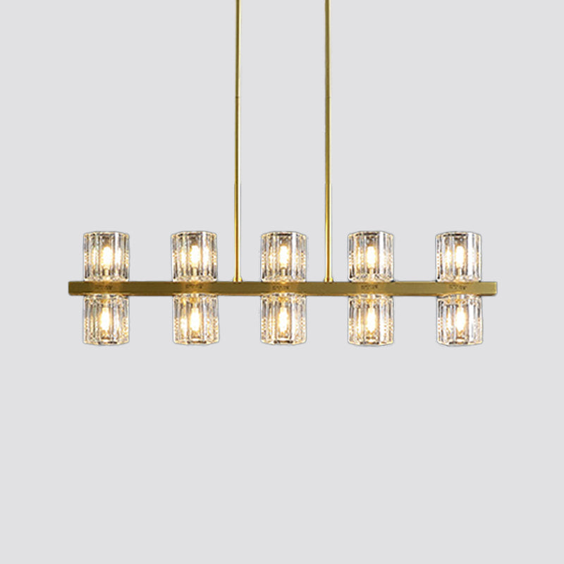 Modern Golden Cylindrical Crystal Pendant Light With 10/20 Island Lights For Dining Tables