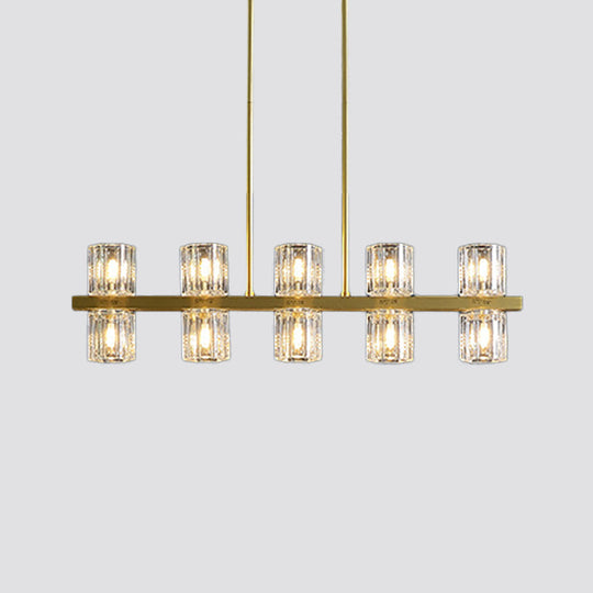 Modern Golden Cylindrical Crystal Pendant Light With 10/20 Island Lights For Dining Tables