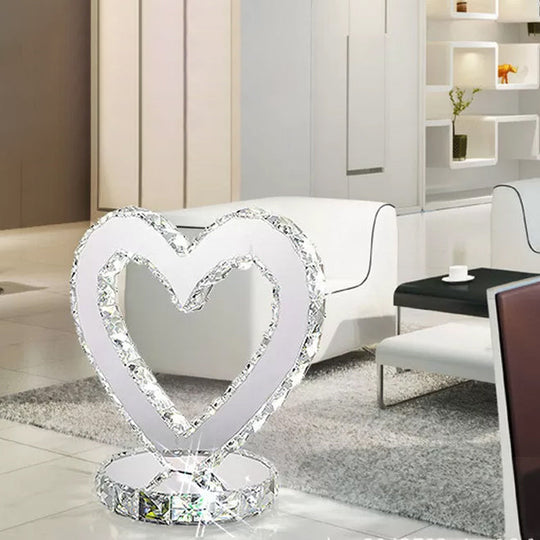 Stainless Steel Heart Shaped Led Table Lamp In Warm/White Light - Modern Crystal Design For Bedroom