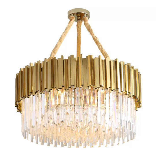 Contemporary Gold LED Chandelier with Tri-Sided Crystal Rods and Hanging Light Kit - Dining Room Drum/Ellipse Design, 19.5"/23.5"/47" Width