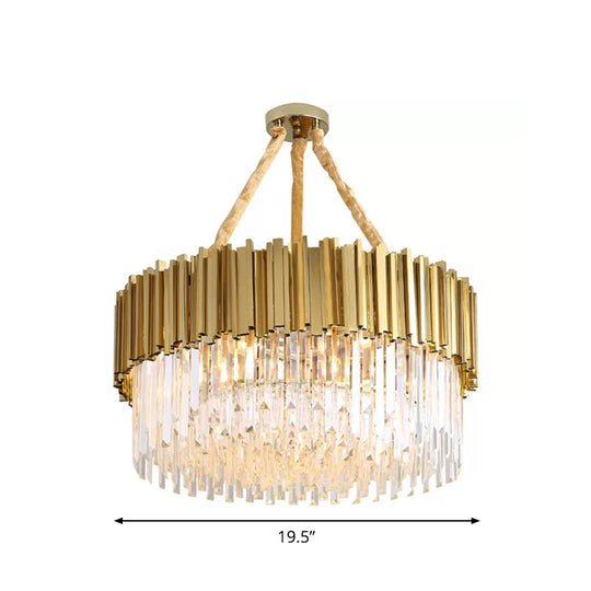 Contemporary Gold LED Chandelier with Tri-Sided Crystal Rods and Hanging Light Kit - Dining Room Drum/Ellipse Design, 19.5"/23.5"/47" Width