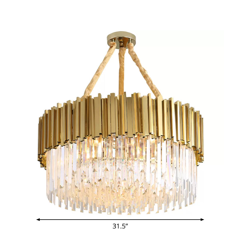 Contemporary Gold LED Chandelier with Tri-Sided Crystal Rods and Hanging Light Kit - Dining Room Drum/Ellipse Design, 19.5"/23.5"/47" Width