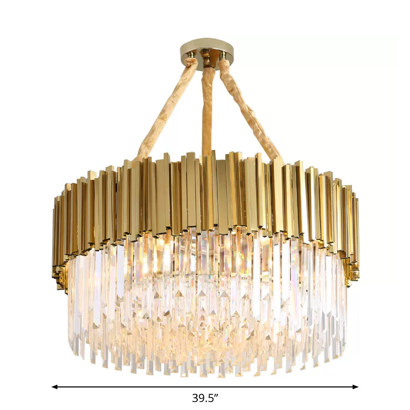 Contemporary Gold LED Chandelier with Tri-Sided Crystal Rods and Hanging Light Kit - Dining Room Drum/Ellipse Design, 19.5"/23.5"/47" Width