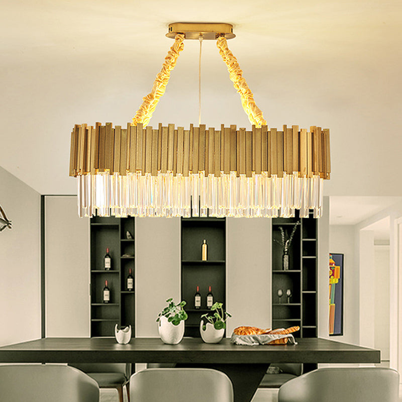 Contemporary Gold LED Chandelier with Tri-Sided Crystal Rods and Hanging Light Kit - Dining Room Drum/Ellipse Design, 19.5"/23.5"/47" Width