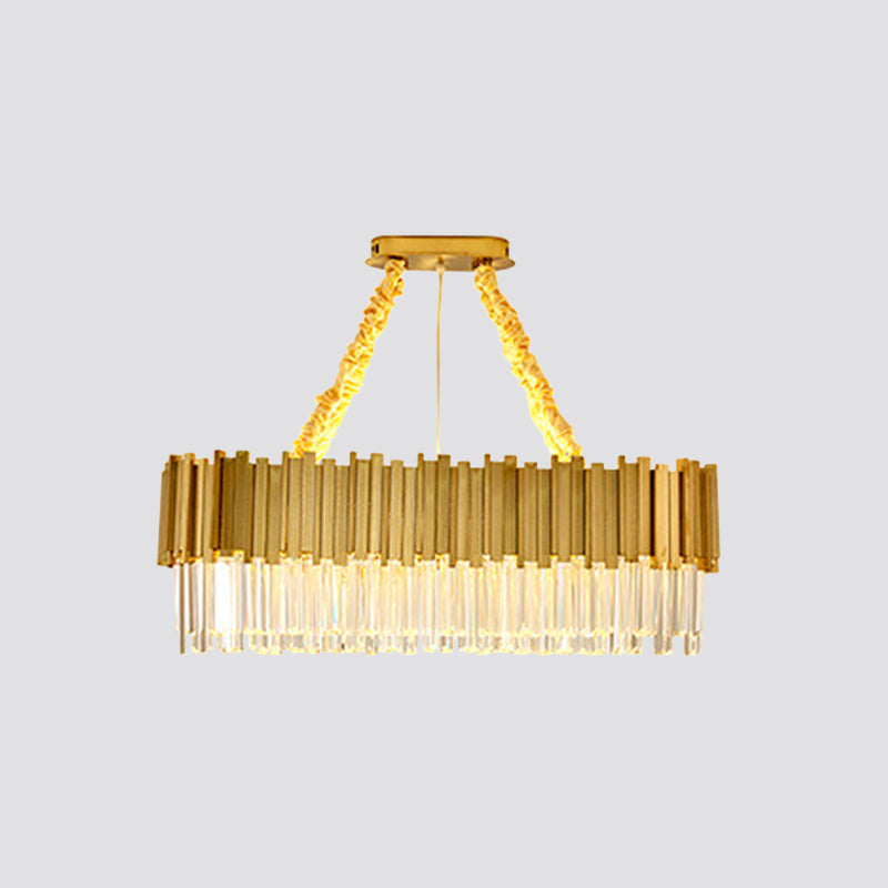 Contemporary Gold LED Chandelier with Tri-Sided Crystal Rods and Hanging Light Kit - Dining Room Drum/Ellipse Design, 19.5"/23.5"/47" Width