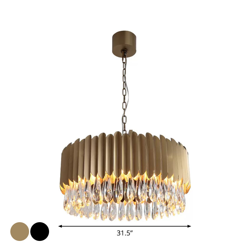 Minimalist Metal Drum Led Pendant Chandelier With Crystal Drip - 23.5/31.5 Width Black/Gold