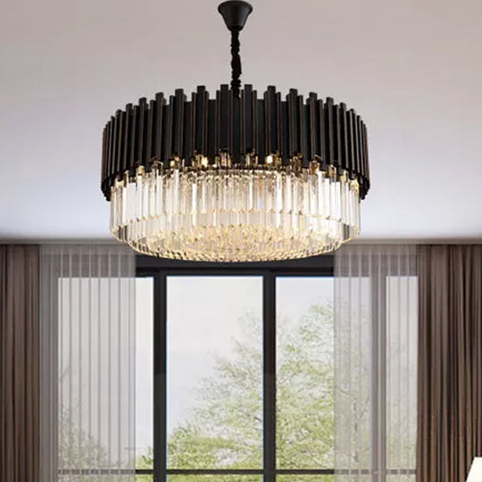 Modern Black Crystal Chandelier - Drum Shaped Pendant Lamp for Bedroom - 8/12/16-Bulb Options - Small/Medium/Large