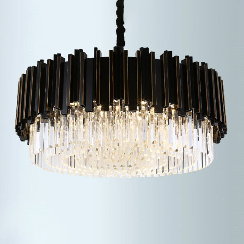 Modern Black Crystal Chandelier - Drum Shaped Pendant Lamp for Bedroom - 8/12/16-Bulb Options - Small/Medium/Large