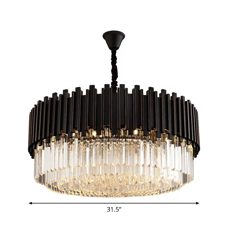 Modern Black Crystal Chandelier - Drum Shaped Pendant Lamp for Bedroom - 8/12/16-Bulb Options - Small/Medium/Large