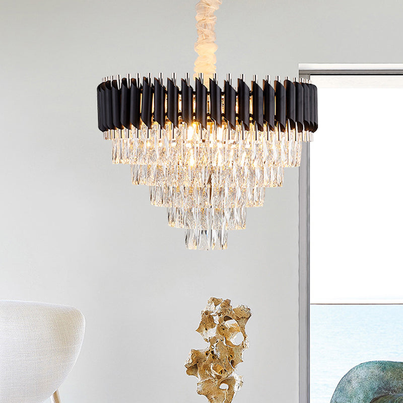 Modern Black K9 Crystal Prism Cone Chandelier Pendant - 10/13/33 Lights - Living Room Down Lighting