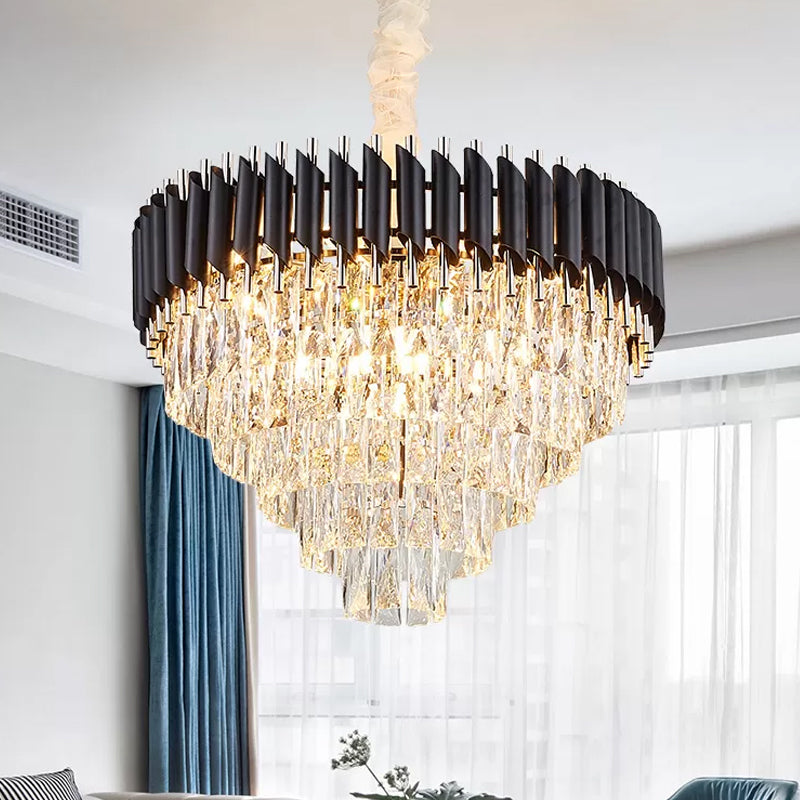 Modern Black K9 Crystal Prism Cone Chandelier Pendant - 10/13/33 Lights - Living Room Down Lighting