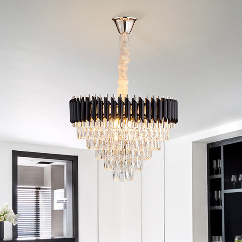 Modern Black K9 Crystal Prism Cone Chandelier Pendant - 10/13/33 Lights - Living Room Down Lighting