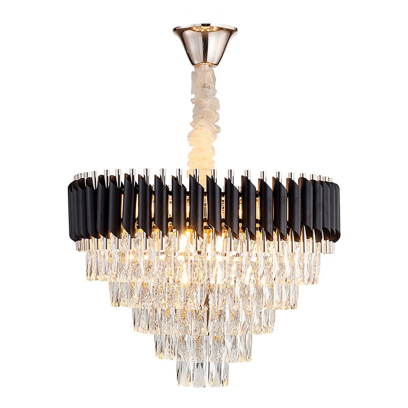 Modern Black K9 Crystal Prism Cone Chandelier Pendant - 10/13/33 Lights - Living Room Down Lighting