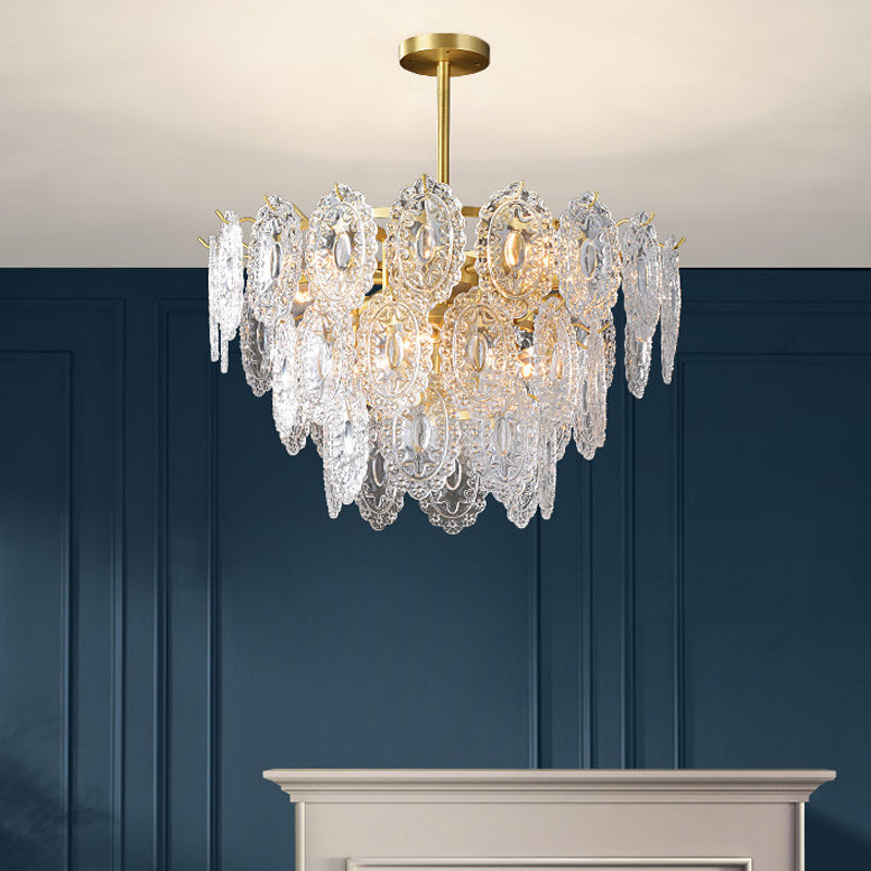 Scalloped Glass Chandelier - Modern Gold Pendant Light with 2/3/4 Tiers & 6/12/16 Bulbs for Dining Room Suspension