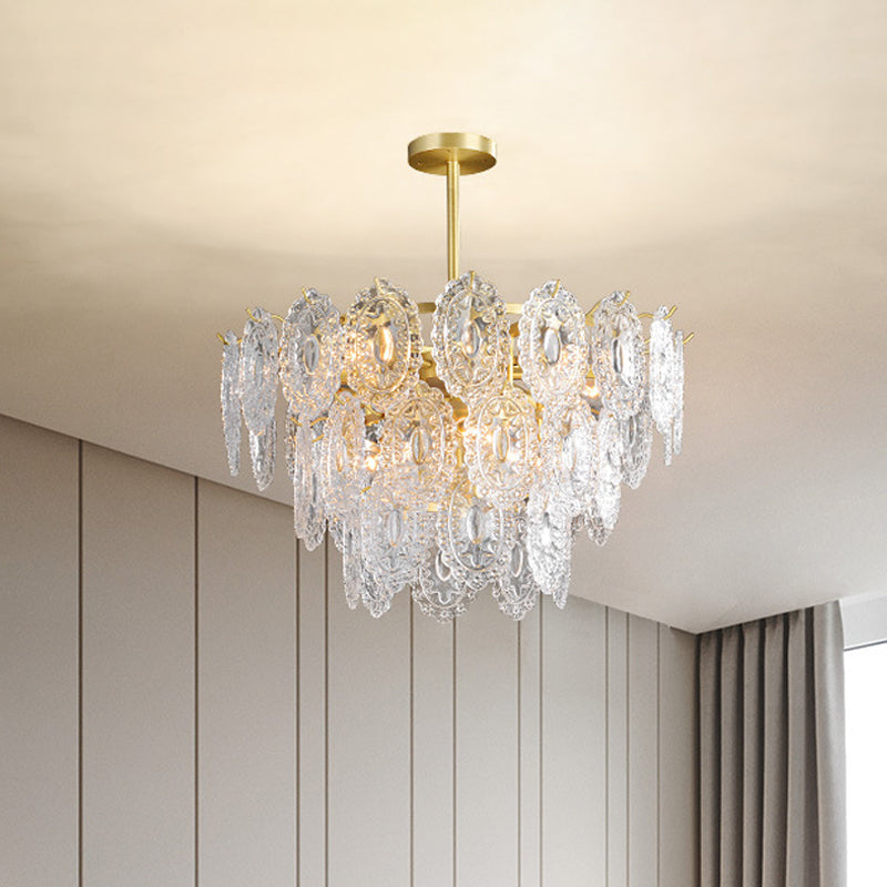 Scalloped Glass Chandelier - Modern Gold Pendant Light with 2/3/4 Tiers & 6/12/16 Bulbs for Dining Room Suspension