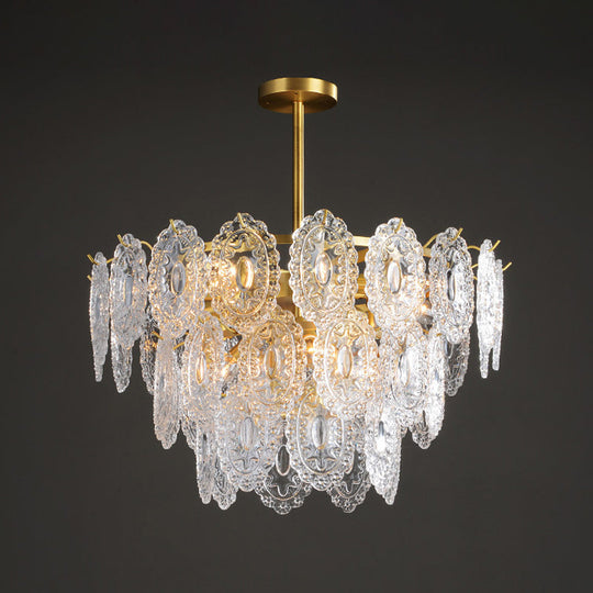 Scalloped Glass Chandelier With 2-4 Tiers And Modern Gold Suspension - Available In 6-16 Bulbs For