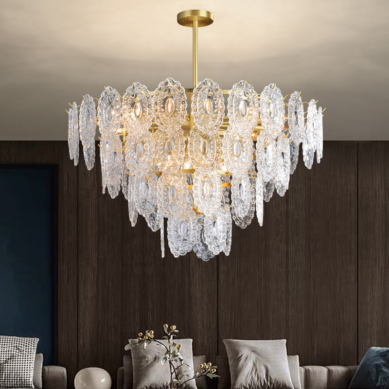 Scalloped Glass Chandelier - Modern Gold Pendant Light with 2/3/4 Tiers & 6/12/16 Bulbs for Dining Room Suspension